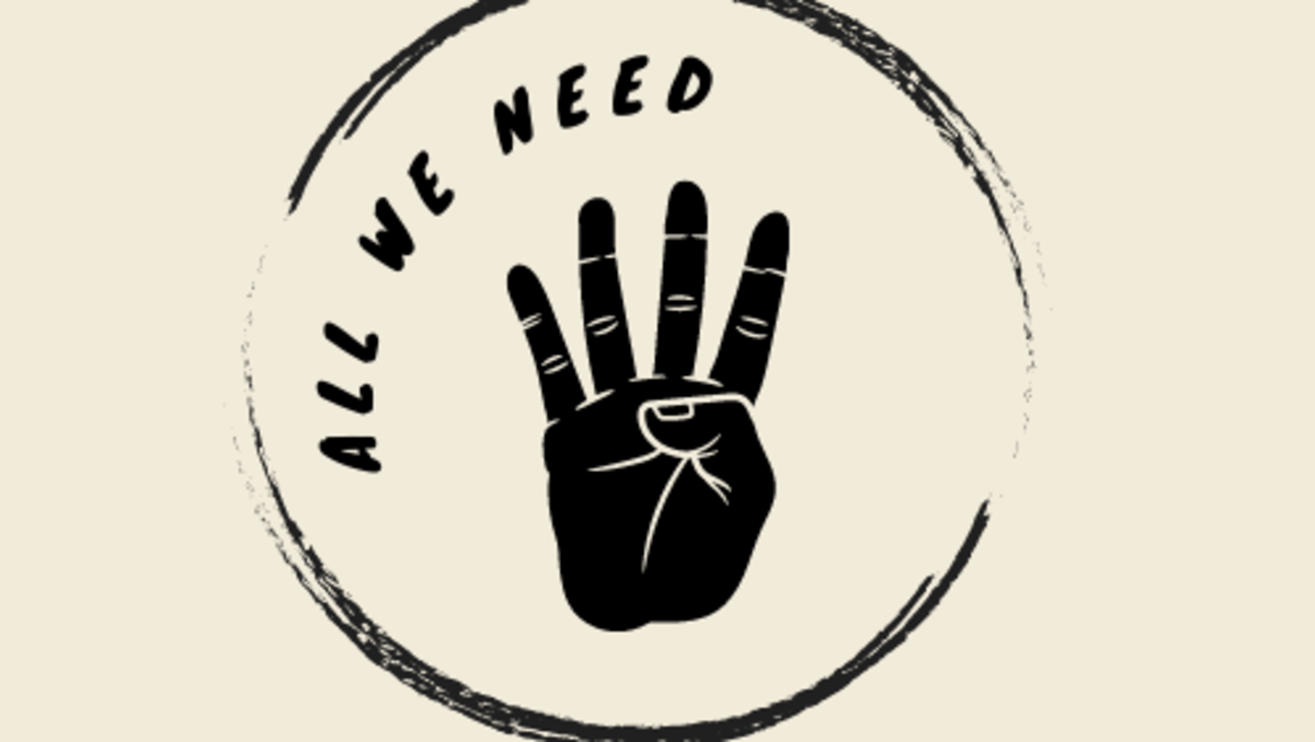 A cream background with a black circle containing the words 'All We Need' and a cartoon hand holding up four fingers.