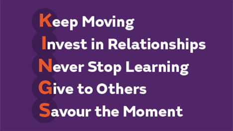 Keep Moving, Invest in Relationships, Never Stop Learning, Give to Others, Savour the Moment - the first letter of each is in orange spelling kings