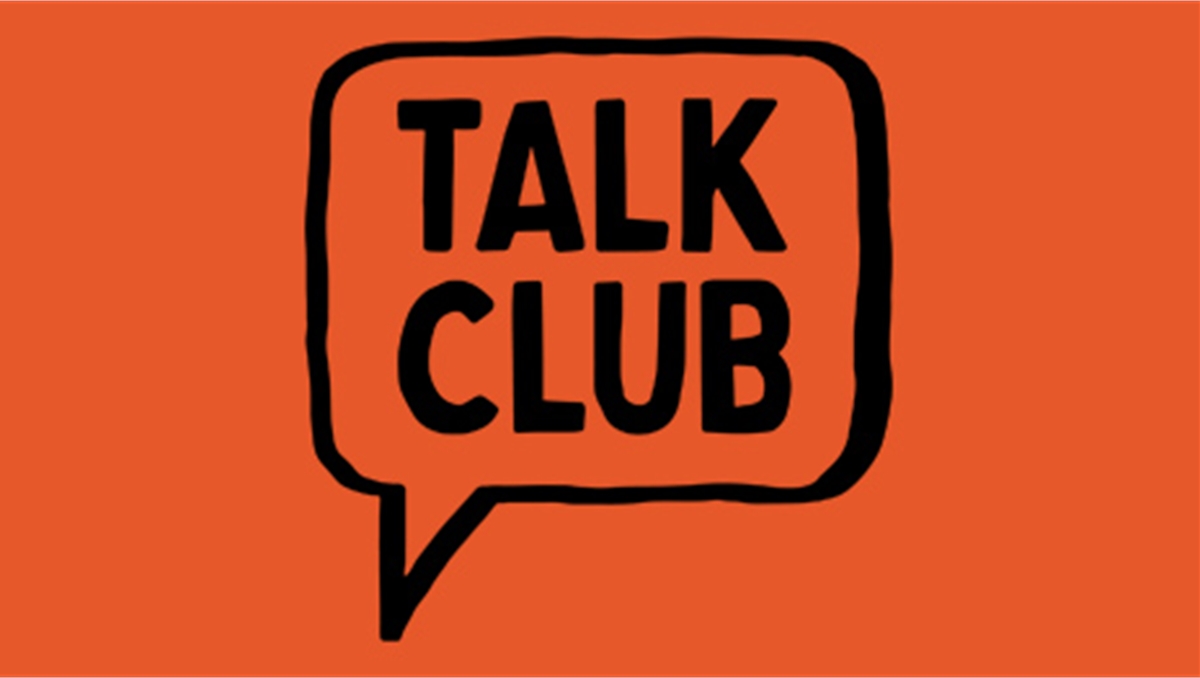 the outline of a speech bubble in black with talk club written in capitals inside it