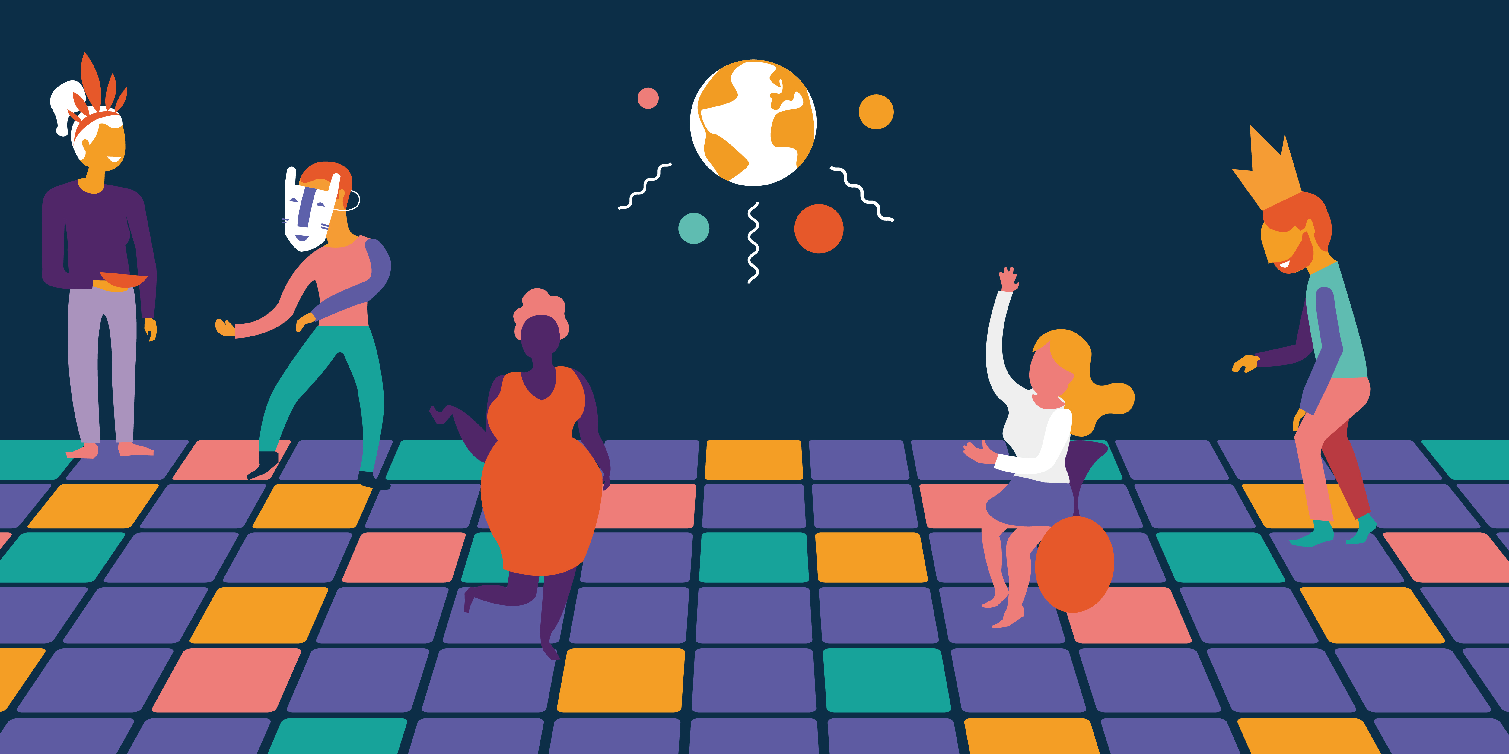 An illustration of characters dancing on a light up dancefloor